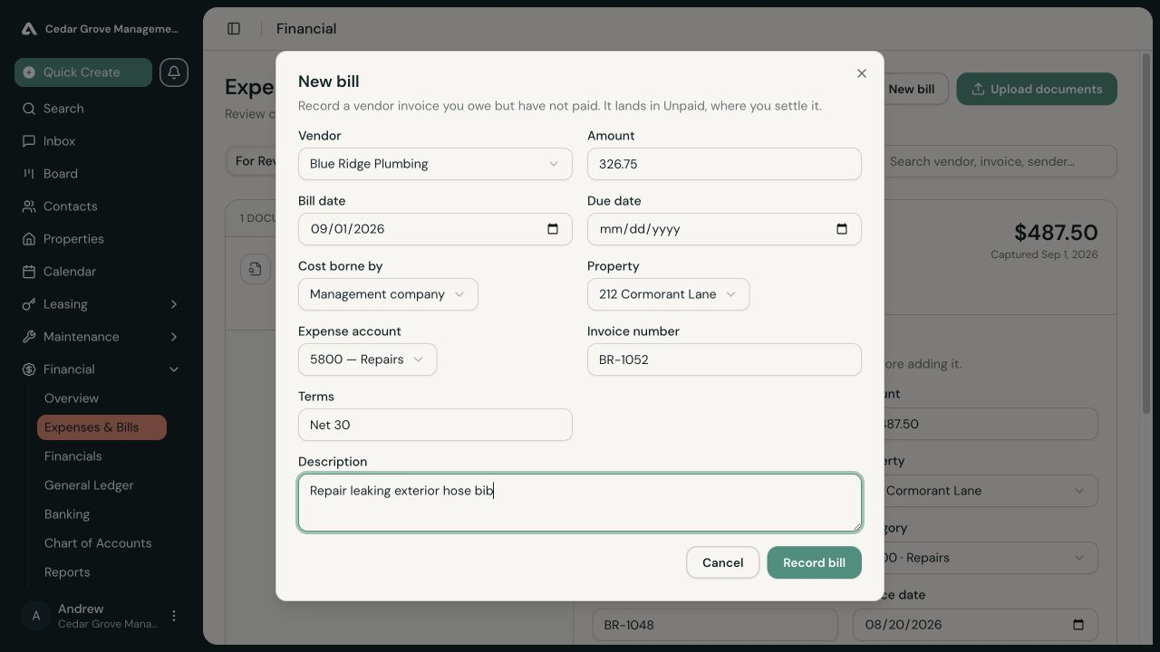 Completed New bill dialog for Blue Ridge Plumbing with an amount, property, Repairs category, invoice number, terms, and description.