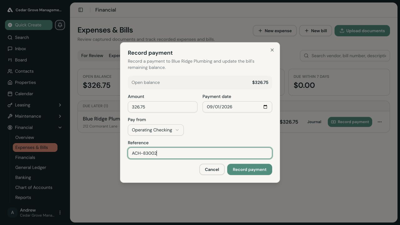 Record payment dialog for a Blue Ridge Plumbing bill with the full amount, payment date, Operating Checking account, and ACH reference.