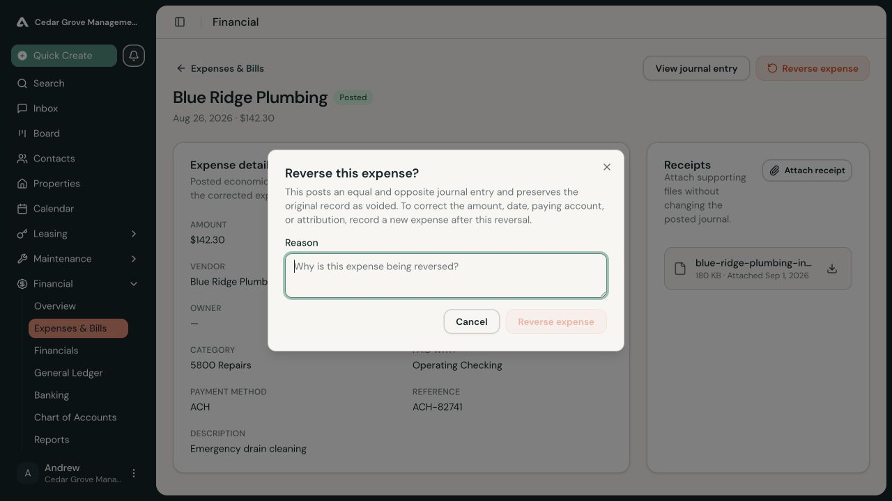 Reverse this expense dialog explaining that AveryIQ posts an equal and opposite entry and preserves the original as voided.