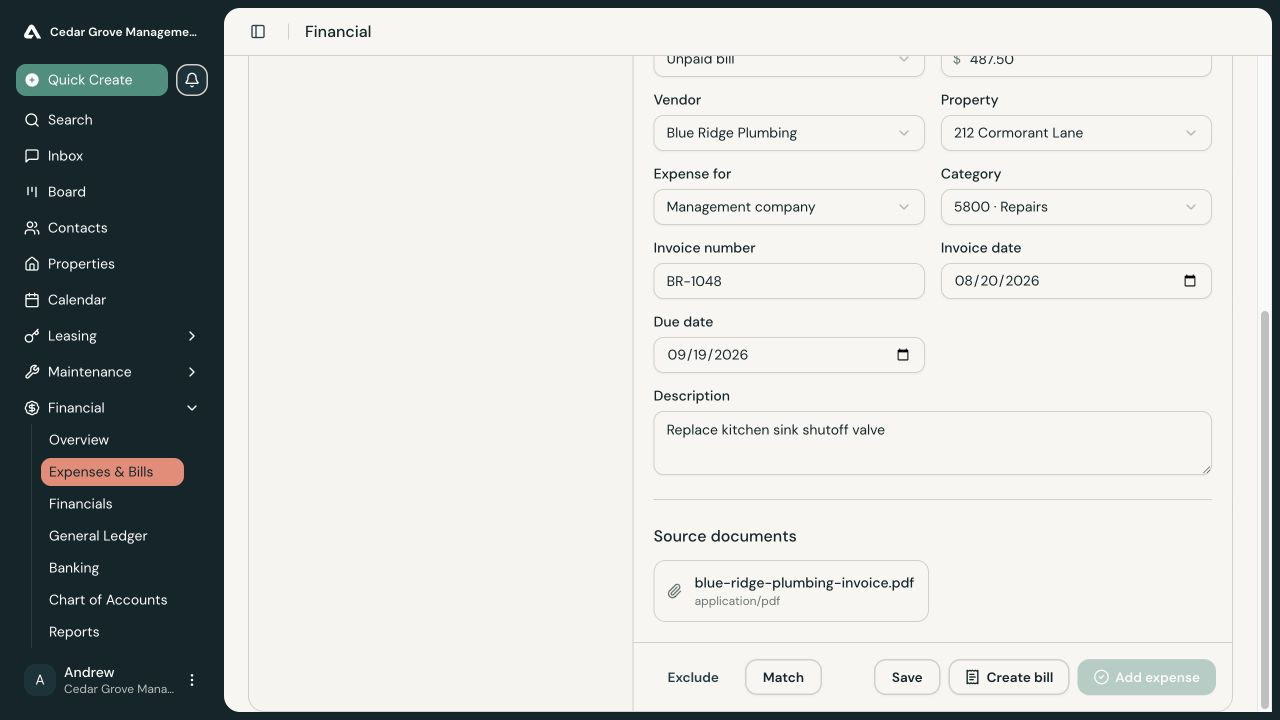 Bottom of an invoice review showing the source PDF and Exclude, Match, Save, Create bill, and Add expense actions.