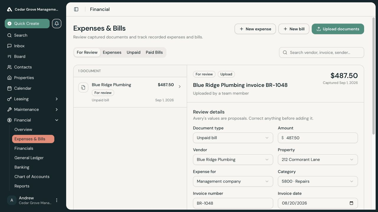 Expenses and Bills review workspace with a Blue Ridge Plumbing invoice and its proposed amount, vendor, property, cost bearer, and Repairs category.