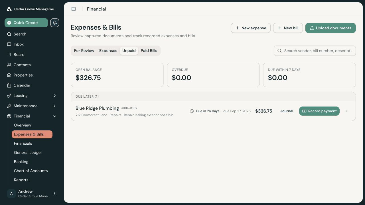 Unpaid bills view showing open-balance totals and a Blue Ridge Plumbing bill due later with Record payment and correction controls.