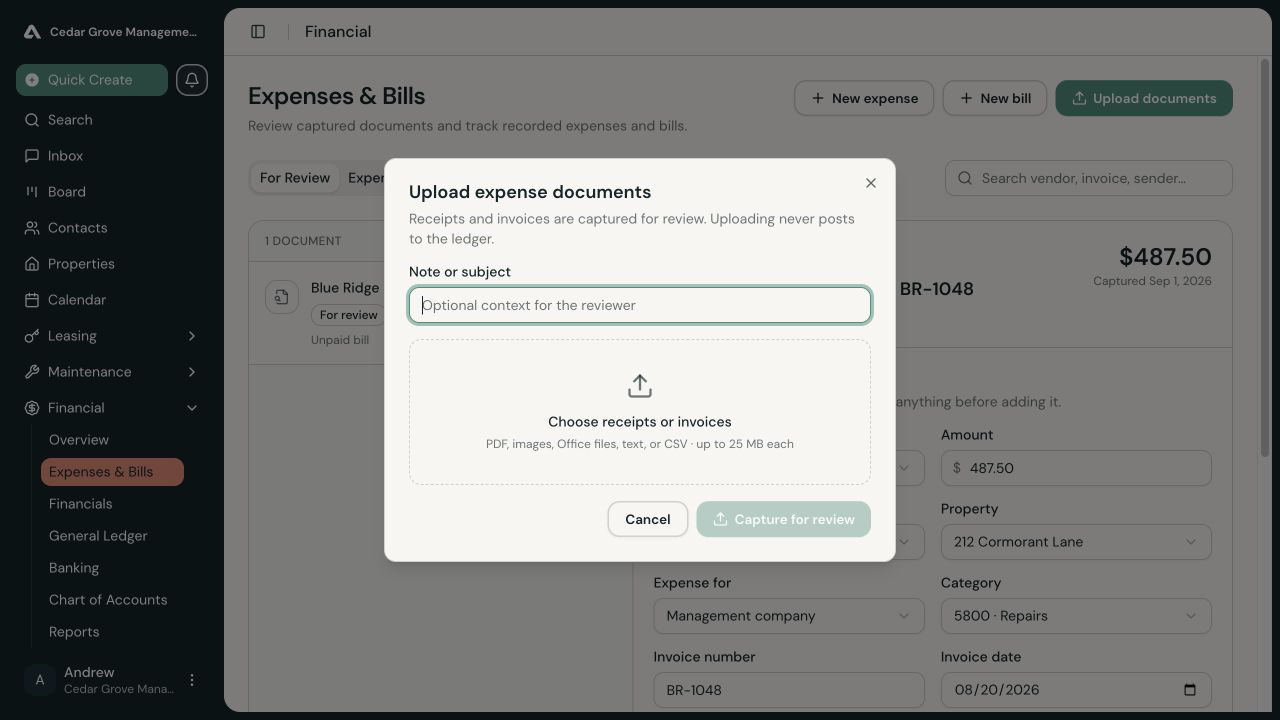 Upload expense documents dialog with an optional note field and a file chooser for receipts and invoices.