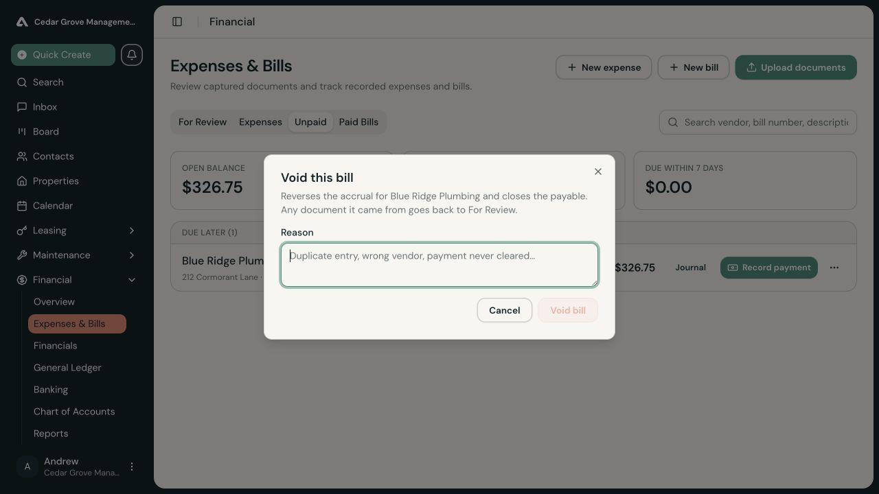 Void this bill dialog explaining that the accrual will be reversed, the payable closed, and its source document returned to For Review.