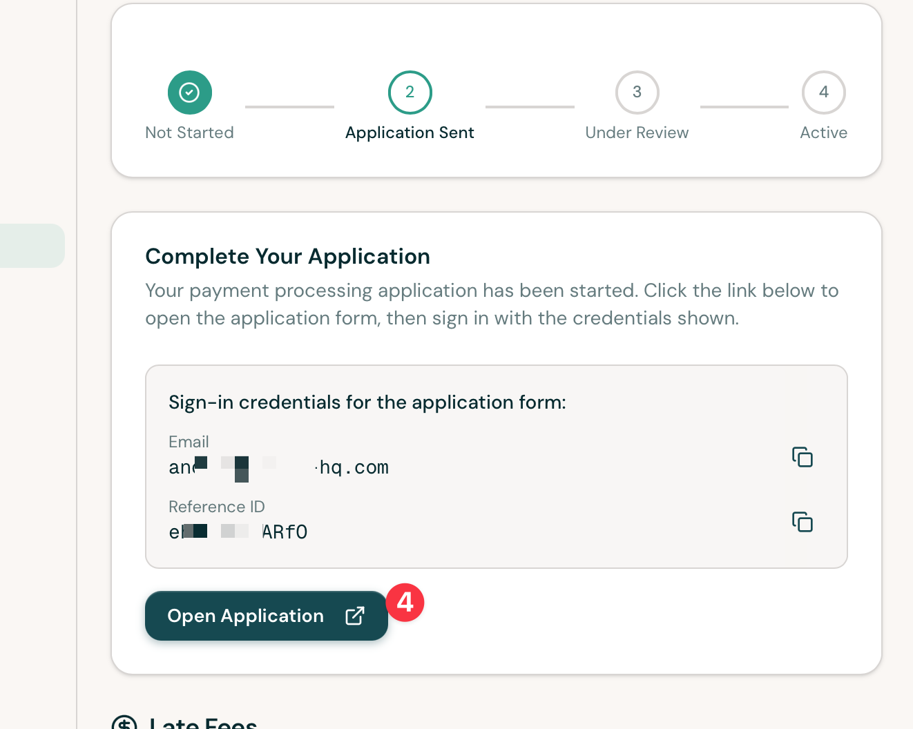Complete Your Application card with redacted sign-in credentials and the Open Application button.