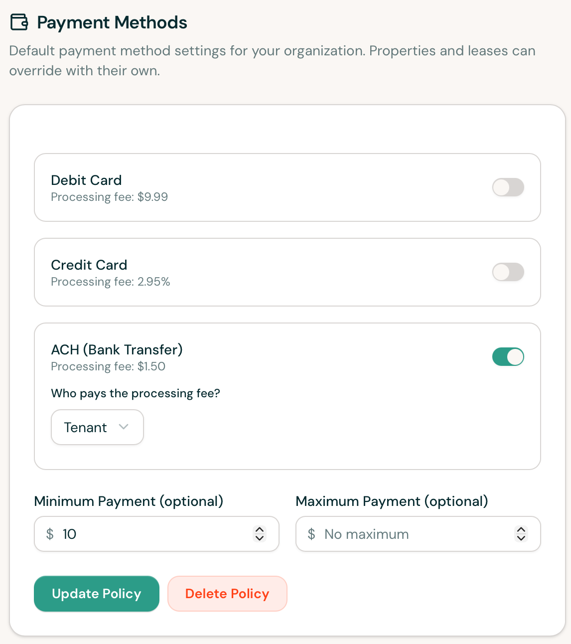 Payment Methods policy with debit card and credit card disabled, ACH enabled, the tenant selected as fee payer, and a minimum payment entered.
