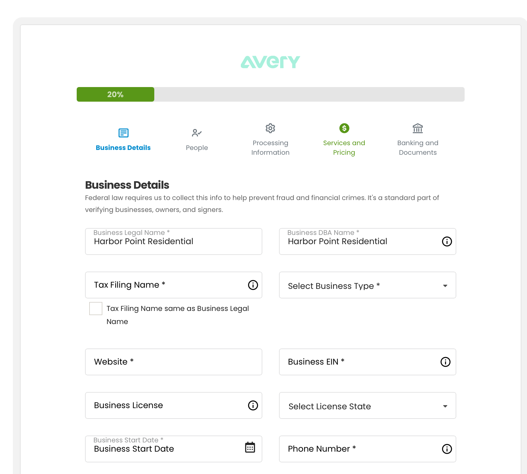 Secure payment-processing application showing its progress bar, verification sections, and business details form.