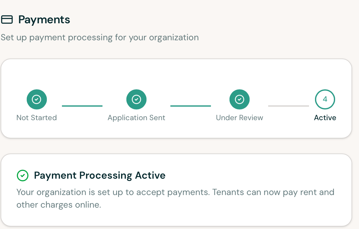 AveryIQ payment settings showing all application steps completed and Payment Processing Active.